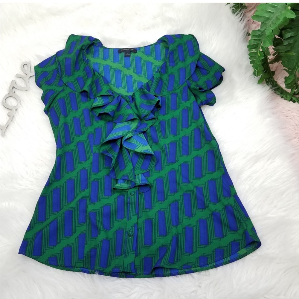 Banana republic Shirt Buttons Down Rufled Green Printed Blue Size Small
